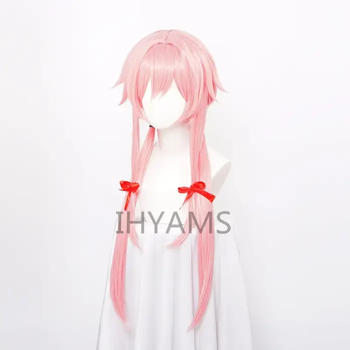 The Future Diary – perruque de Cosplay synthétique Yuno Gasai, longue et lisse, rose, avec ruban rouge et bonnet