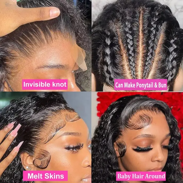 Perruque Invisible 360 HD en Dentelle Complète Cheveux Humains Sans Colle Pré-Coupée Densité 200 Bou