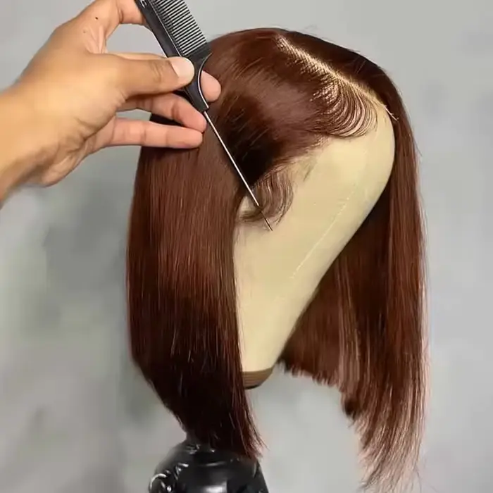 Perruques Bob Courtes Lisses Marron Chocolat 13x4 en Cheveux Humains avec Dentelle Frontale Transpar