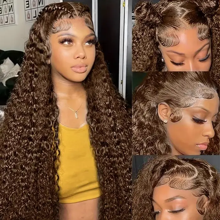 Perruque en cheveux humains Deep Wave Invisi Strap 360 HD Lace Front, brésilienne, Water Wave, marro