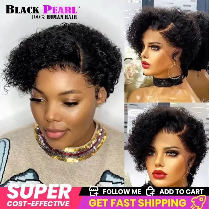 Perruque courte bob coupe pixie, perruques bouclées en cheveux humains pour femmes, perruques frontales en dentelle 13x1, perruque en dentelle ondulée profonde péruvienne avec ligne de cheveux pré-épi