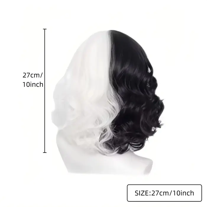 Perruque synthétique courte bouclée Cruella noire et blanche pour femmes