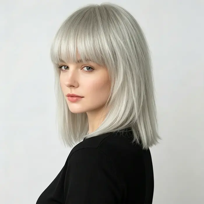 Perruque Bob Droite Gris Argenté avec Frange Complète