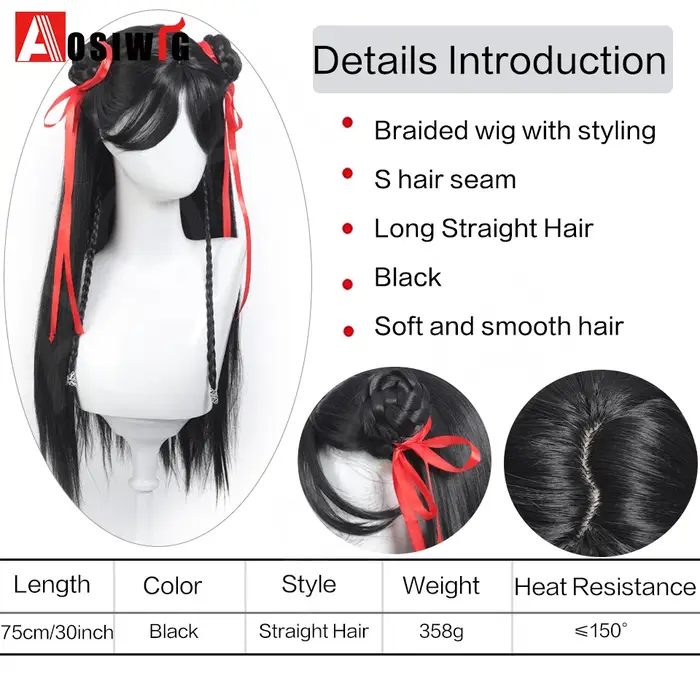 Anime films chinois Cosplay perruque noir cheveux longs raides avec tresse ruban rouge Double chignon styleet