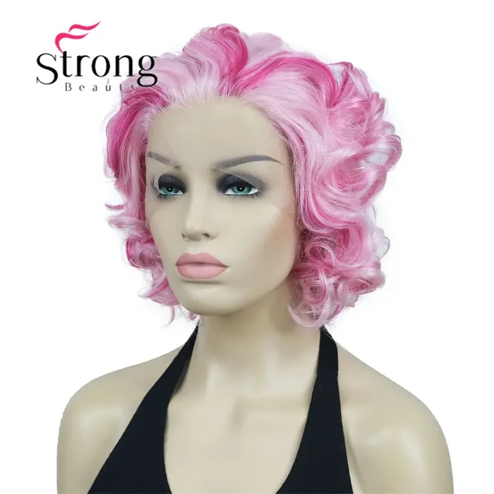 Perruque Lace Front Wig synthétique courte bouclée rose pour femme