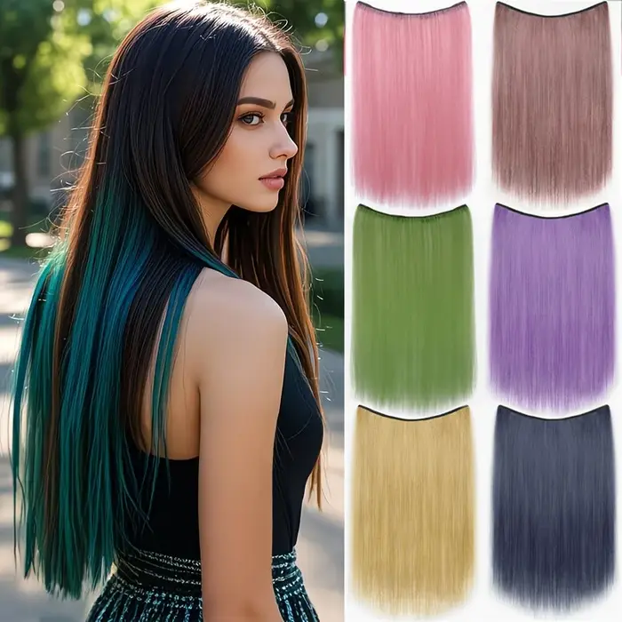 Extensions de cheveux colorées à clipser - Avec cinq clips / Postiche long et lisse en fibre synthétique résistante à la chaleur pour fille