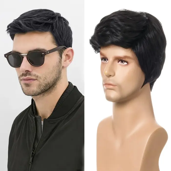 Exceptionnel! Perruque de mode courte noire mâle droite perruque synthétique pour hommes cheveux pol