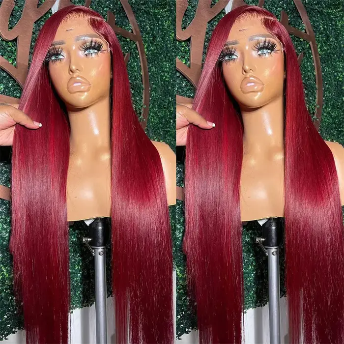 Perruque Lace Front HD 13x6 Rouge Bourgogne 99J sans colle, en cheveux humains vietnamiens Super Dou
