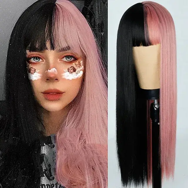 Perruques pour femmes perruque jaune et noire cheveux longs raides