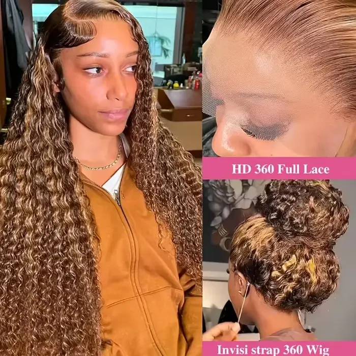 Perruque bouclée 4/27 en cheveux humains, pré-épilée, perruque frontale 360 Full Lace HD en cheveux 