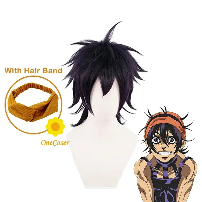 JOJO's Bizarre Adventure Narancia Ghirga Cosplay perruque violet foncé avec bandeau cheveux fibre résistante à la