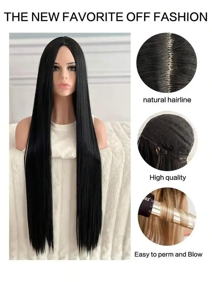 Perruque synthétique noire super longue de 40 pouces pour femme avec cheveux longs et raides sans frange au milieu convient à la partie d'Halloween