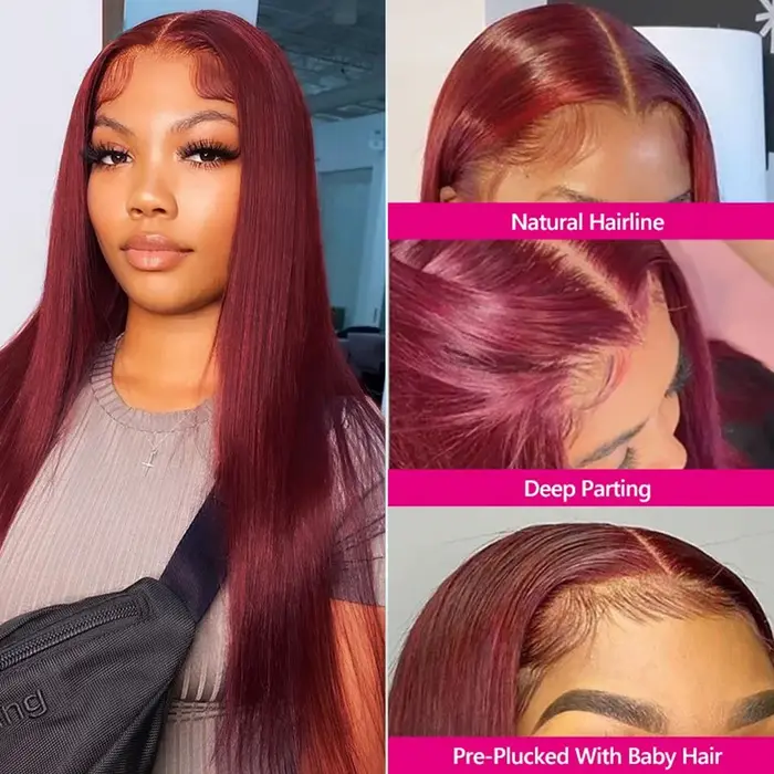 Perruque Lace Front Wig naturelle lisse-Tuneful, Sophia, cheveux humains, couleur bordeaux 99J, 13x6
