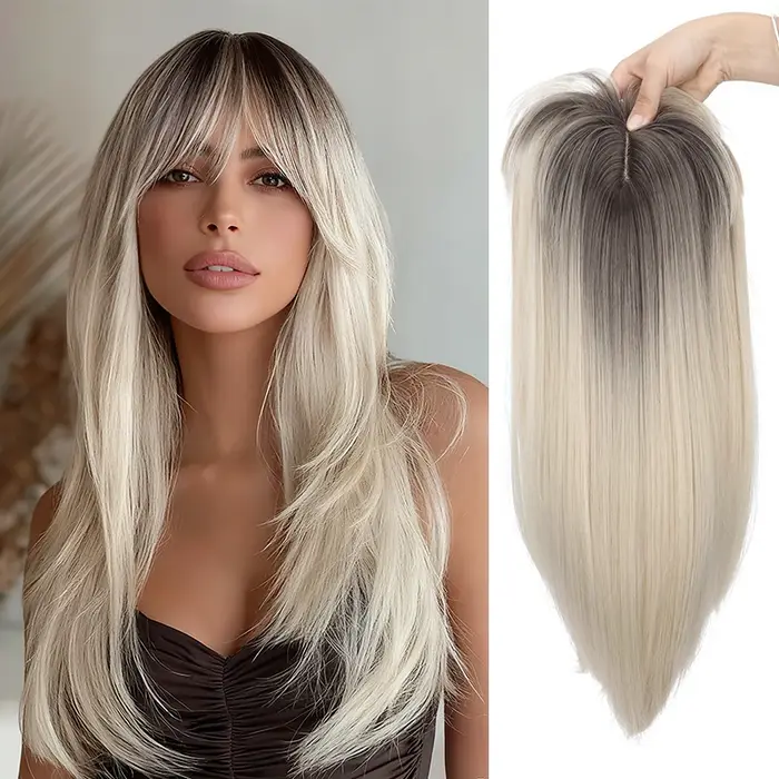 Topper pour cheveux pour femme avec frange : 3D 360 °   Morceau de cheveux synthétiques longs et lis
