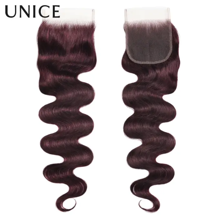 UNice noir cerise corps vague paquets 2/3/4 pièces avec 1 PC 4x4 pouces dentelle fermeture pré color