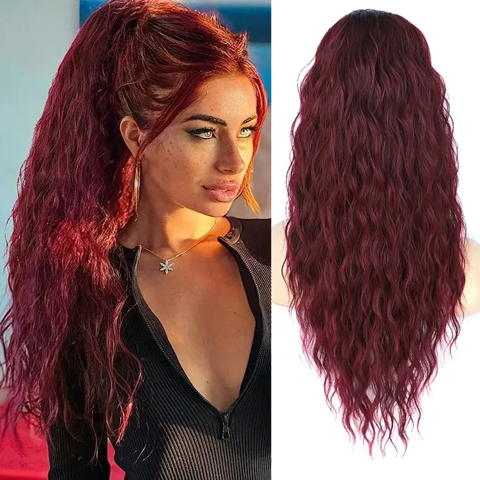 Extension de cheveux queue de cheval ondulée longue bouclée pour femmes postiche queue de cheval synthétique naturelle avec cordon bordeaux blond fausse queue de poney