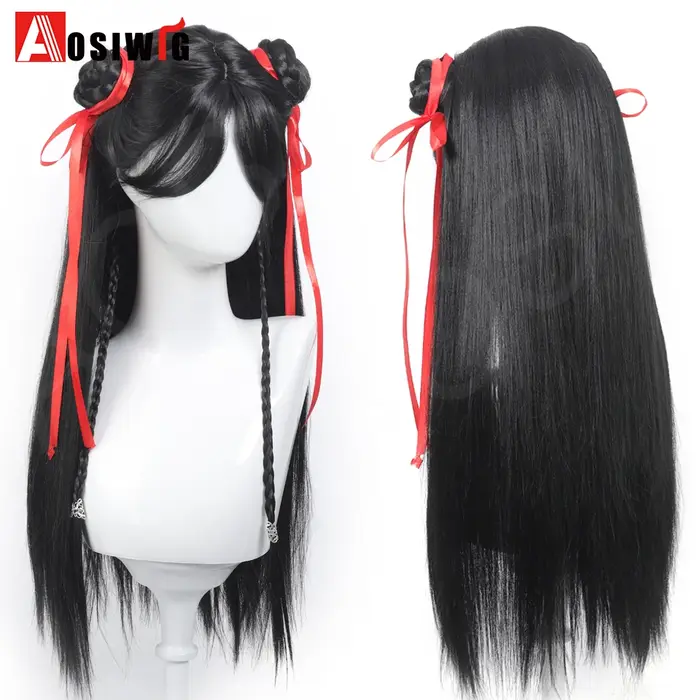 Anime films chinois Cosplay perruque noir cheveux longs raides avec tresse ruban rouge Double chigno