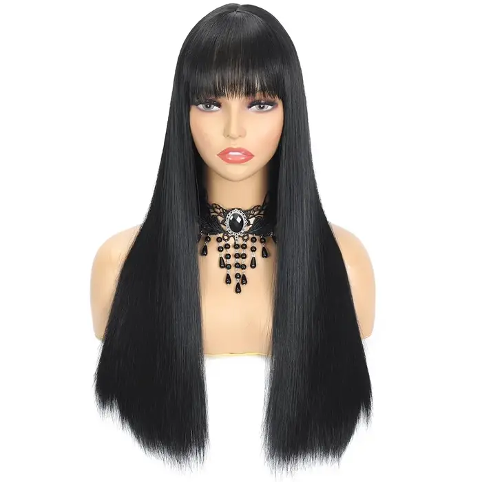 Perruque synthétique noire de 26 pouces avec cheveux longs et raides