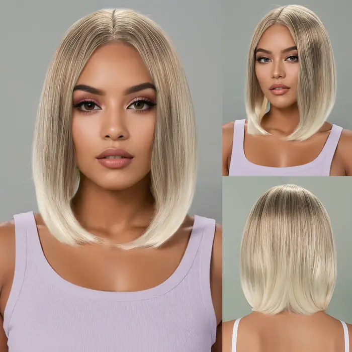 Perruque pour femme avec cheveux courts et raides dorés, coiffure bob, perruque courte dorée en fibr