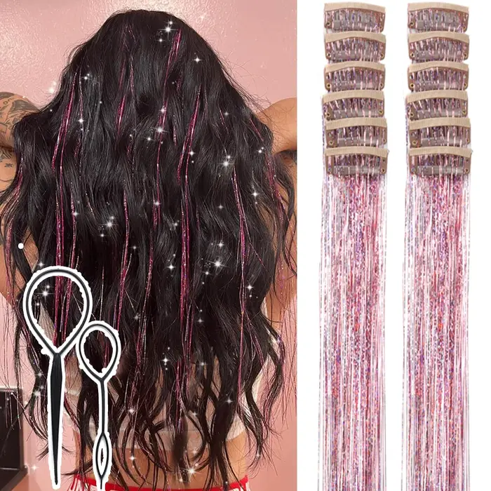 Kit de 12 mèches de cheveux scintillantes à clipser pour filles