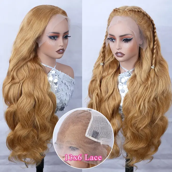 # Perruques Lace Front en Cheveux Humains Couleur Blond Miel 27, Pré-épilées, Perruque Frontale HD T