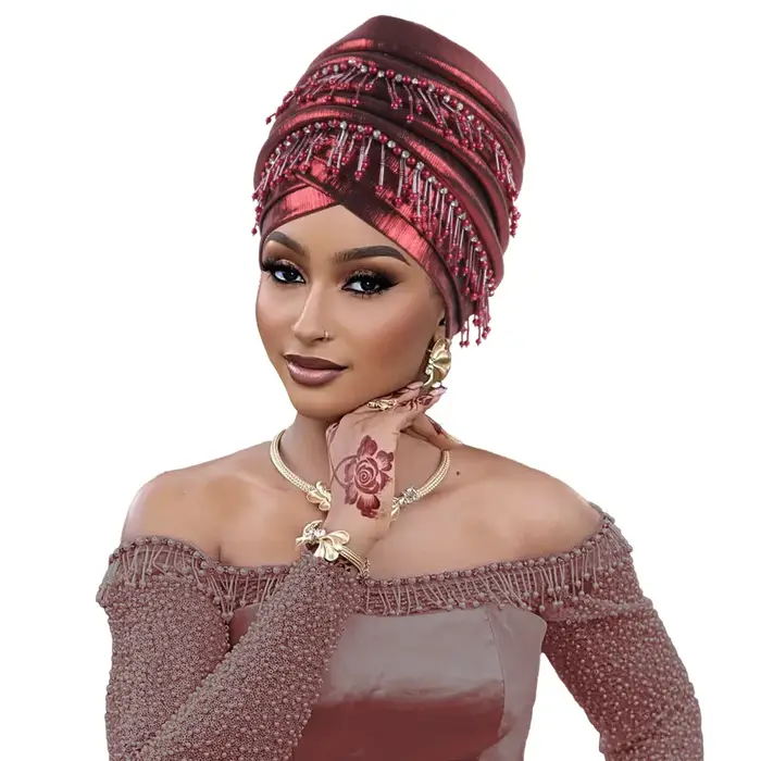 Couvre-chef africain femmes perles glands Turban casquette mariage nigérian Auto Gele fête casque tête enveloppement Hijab Bonnet chapeau coiffure
