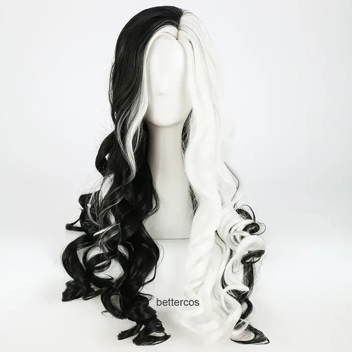 CRUELLA-Perruque Synthétique Bouclée de 75cm avec Bonnet pour Cosplay, Cheveux Moitié Blancs et Noir
