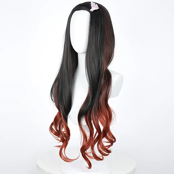 Nezuko Cosplay perruque Cosplay bouclés noir Orange dégradé perruque Cosplay résistant à la chaleur 