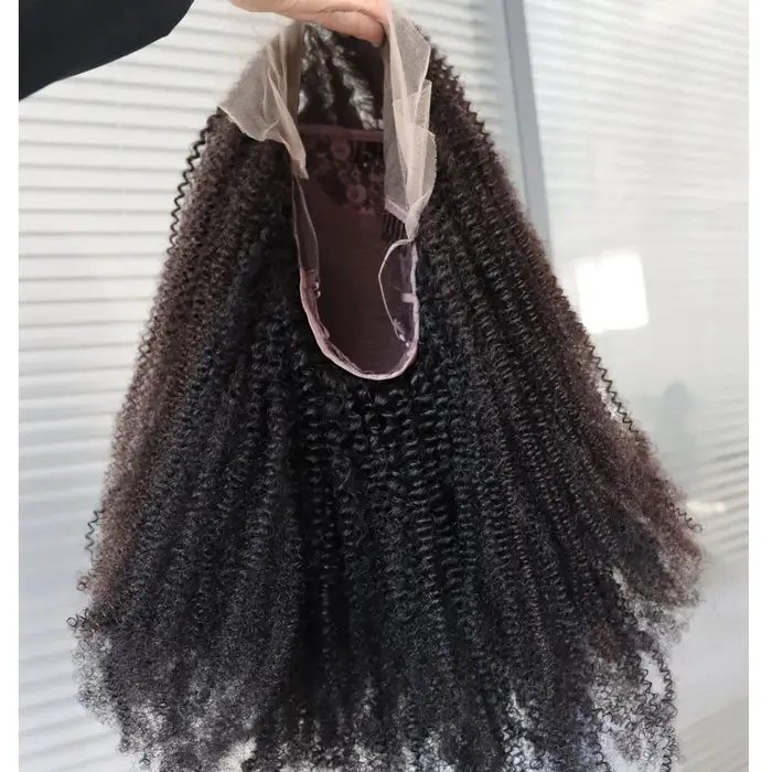 4C Afro crépus bouclés vierge Remy cheveux humains dentelle frontale fermeture perruque # 1 perruques de style noir de