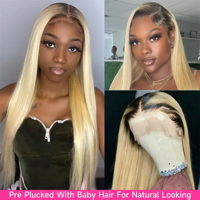 Perruque Lace Frontale 13x6 en Cheveux Humains, Couleur Ombré Blond 1B613, Pré-épilée, Lisse Baguett