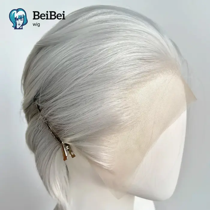BeiBei – perruque Lace Front Wig synthétique courte noire, 8 pouces, 13x4, Blonde argentée, en Fiber