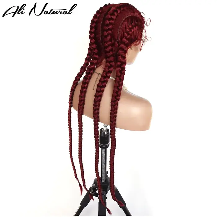 Perruque tressée bordeaux 4 tresses en dentelle, cheveux synthétiques pré-épilés, rouge 99j, perruque tressée avec dentelle supérieure 360