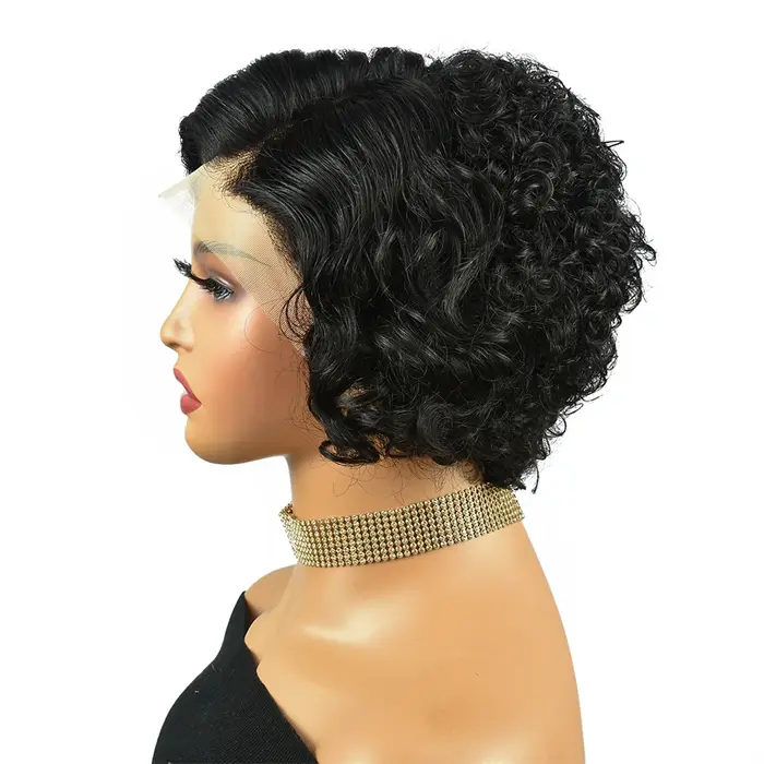 Miss Rola-Perruque Brésilienne Bouclée, Cheveux Naturels Remy, Coupe Pixie, Balayage Noir 99J, 13x4, 12A