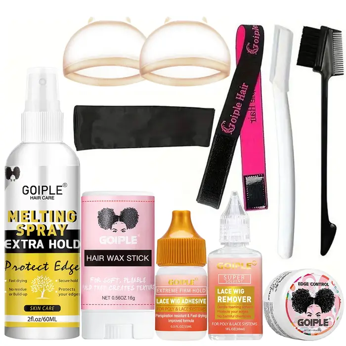 GOIPLE Colle adhésive imperméable pour perruque, spray de fixation extra forte, avec bâton de cire capillaire et gel de contrôle des bords, kit d'installation de perruque