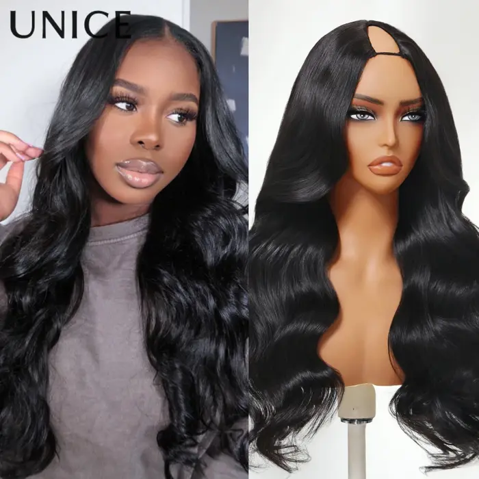 UNice cheveux 180% densité vague de corps V partie perruque avec cordon 100% cheveux humains véritab