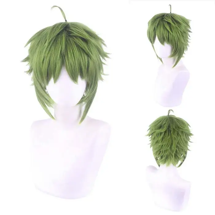 Perruques synthétiques courtes et bouclées vertes avec frange pour hommes, perruque de Cosplay quoti