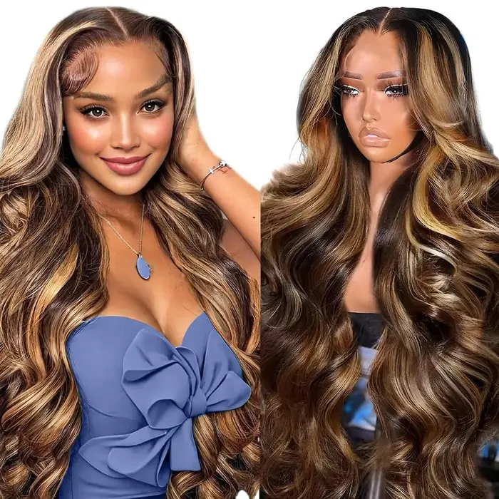 Perruque en cheveux humains avec dentelle frontale HD 13x6, densité 200%, couleur 427 avec mèches, 4