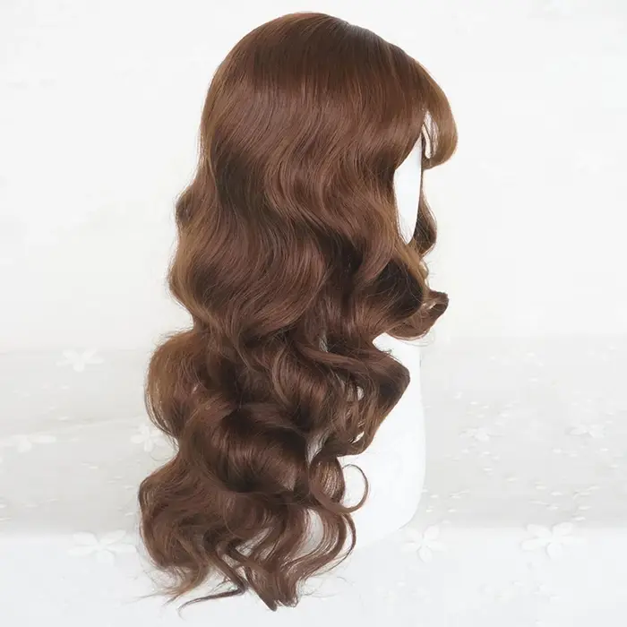 Perruque synthétique longue bouclée ondulée châtain brun avec frange pour femme, style gothique Lolita et usage quotidien, cheveux artificiels réalistes