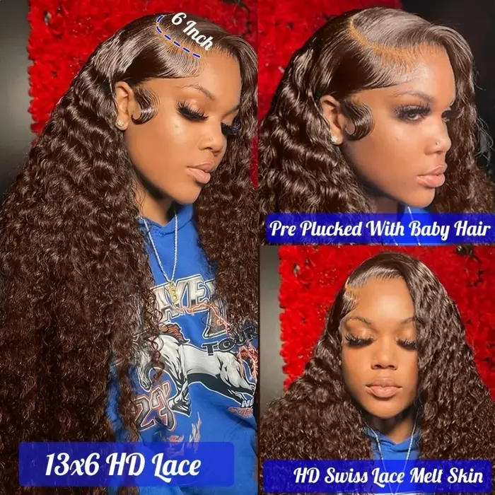 Perruque Lace Front Wig naturelle brune chocolat ondulée, cheveux humains ondulés, 13x6, densité 220