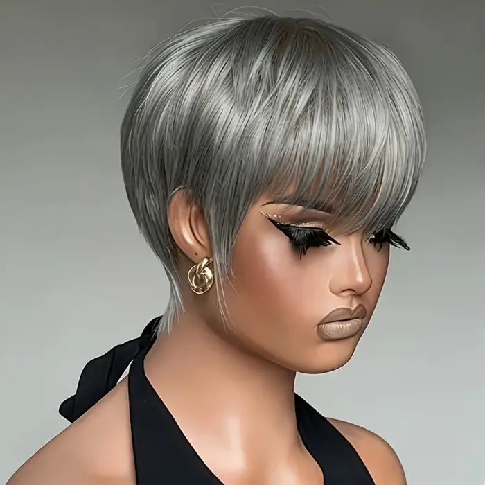 Perruque de cheveux humains - Pixie courte de 6 pouces avec gris # Couleur