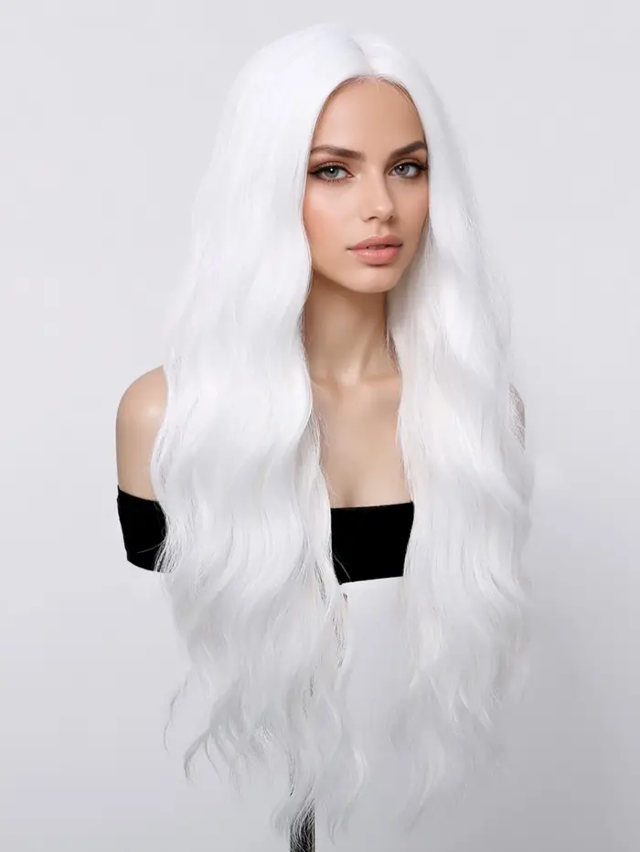Perruque synthétique longue bouclée ondulée blanche argentée