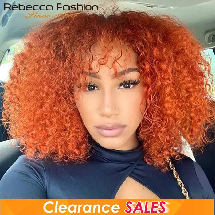 Gingembre Jerry bouclés court Pixie Bob coupe Remy perruques de cheveux humains avec frange miel blond Orange Non