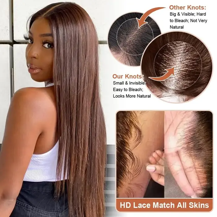 ISEE Hair # Perruque droite marron chocolat 4 Wear And Go, 7x5, en dentelle transparente, sans colle