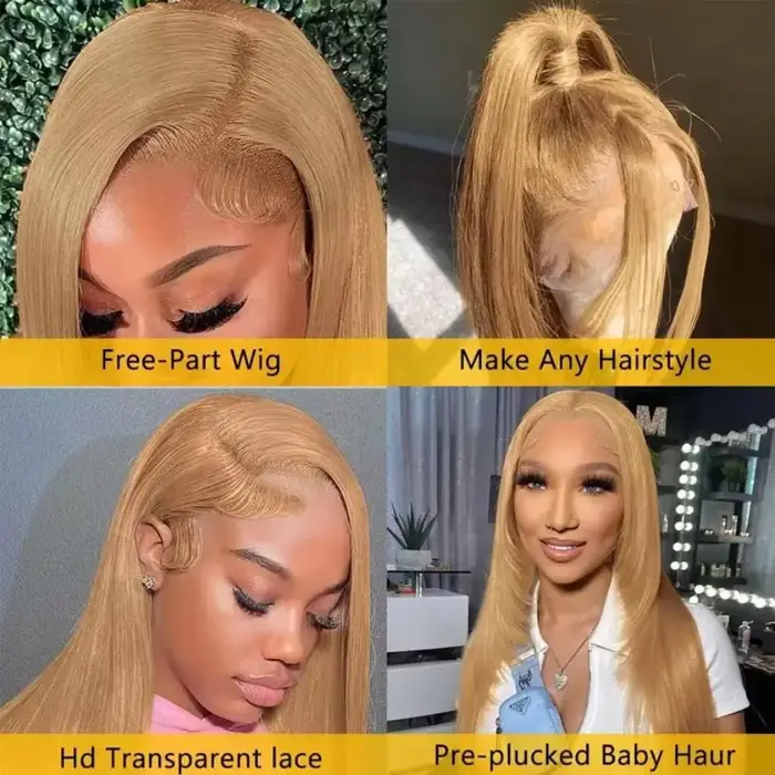 # Perruque Lace Frontal Wig naturelle lisse, blond miel 27, 13x6, pre-plucked, 13x4, 30, 34 pouces, 