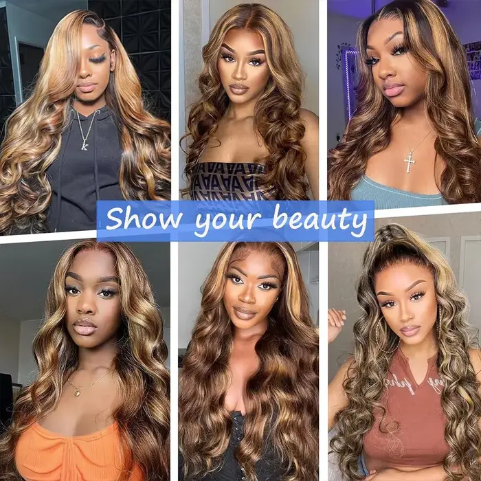 Perruques Body Wave P4/27 à 220 % de densité, avec mèches colorées, en dentelle transparente HD 13x4