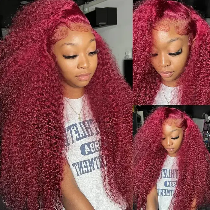 Perruque Lace Front Wig Naturelle Bouclée Rouge Bordeaux 99J