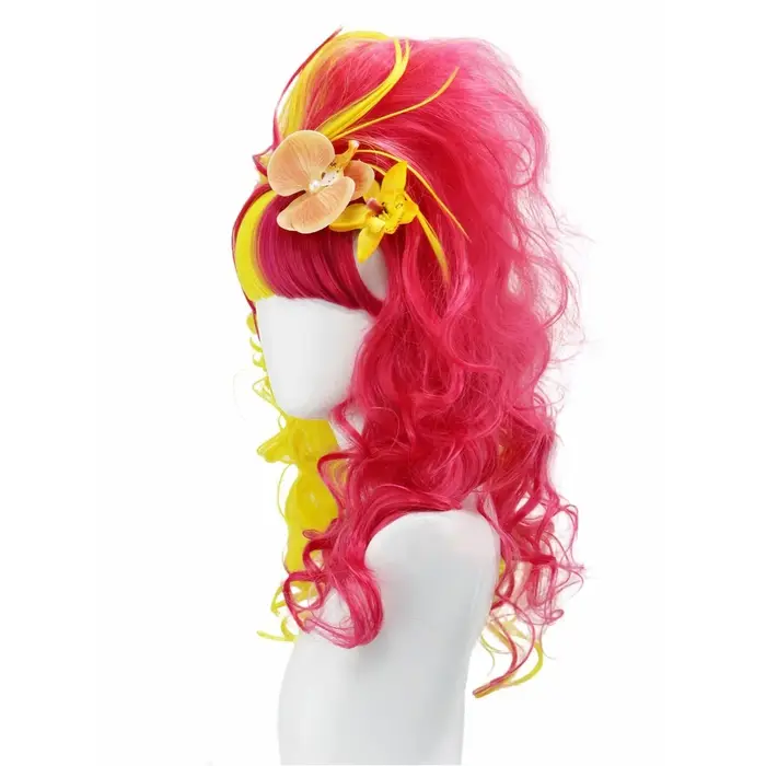Perruque synthétique longue bouclée dégradée jaune rose double ton avec postiche florale