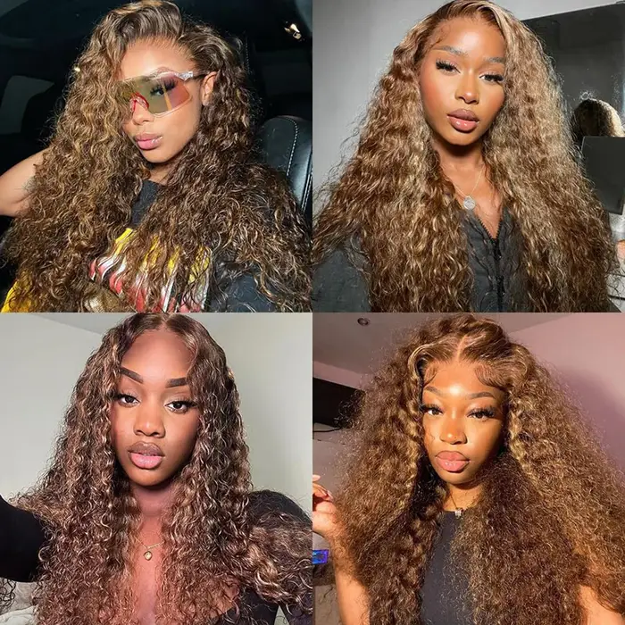 Perruque Lace Front Wig 4/27 naturelle bouclée, cheveux humains, blond miel 100%, 13x4, 13x6, 180% d