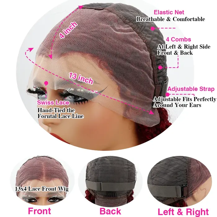 Perruque Lace Front Wig Deep Wave Naturelle Bouclée Rouge Bordeaux 99J, 13x4, Pre-Plucked, Densité 1
