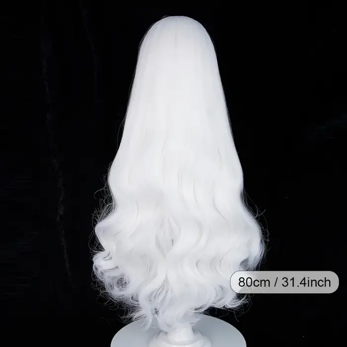 Perruque longue ondulée blanche avec frange